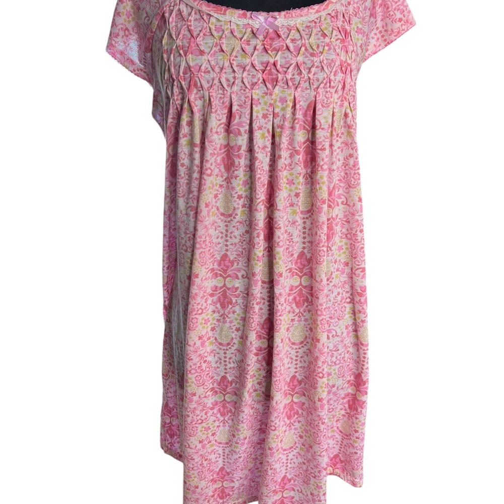 PINK LABEL Nightgown Large Pink Floral Knit Butterfly Cap Sleeve Knee Length